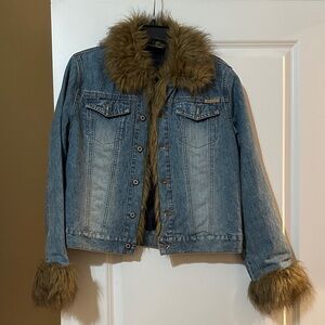 Women's Blue Denim Jacket with Faux Fur Trim